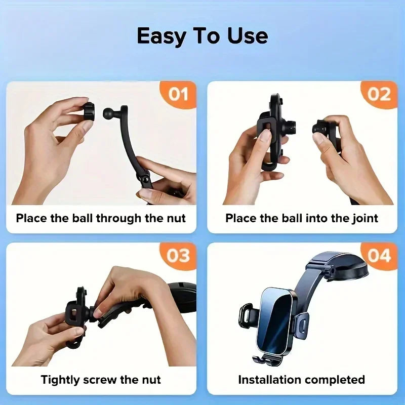 Adjustable Car Phone Mount with ABS Frame & Strong Suction Base - 360° Swivel Dashboard Cradle, Anti-Shake/Slip Design